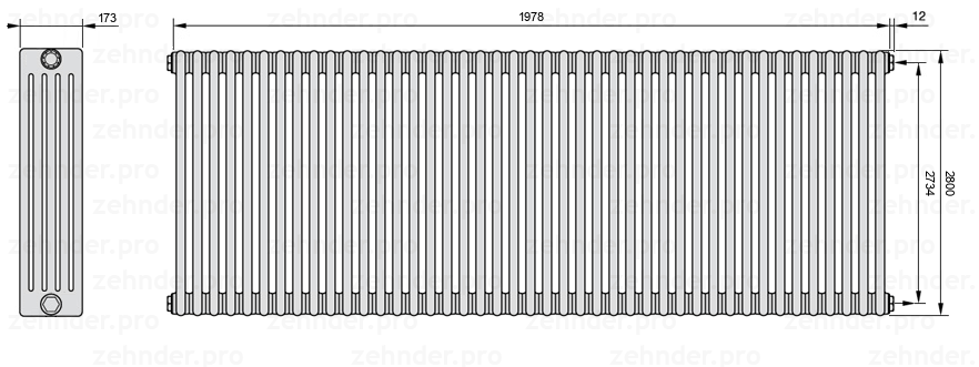 Схема (чертеж) Радиатор Zehnder Charleston 5280/43 №7610 Белый глянцевый RAL 9016